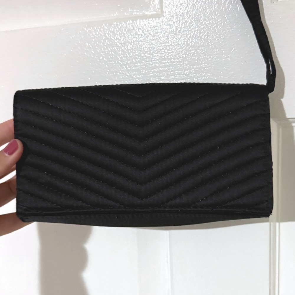 Neiman Marcus Black Satin Chevron Quilted Wristlet Clutch Evening Bag